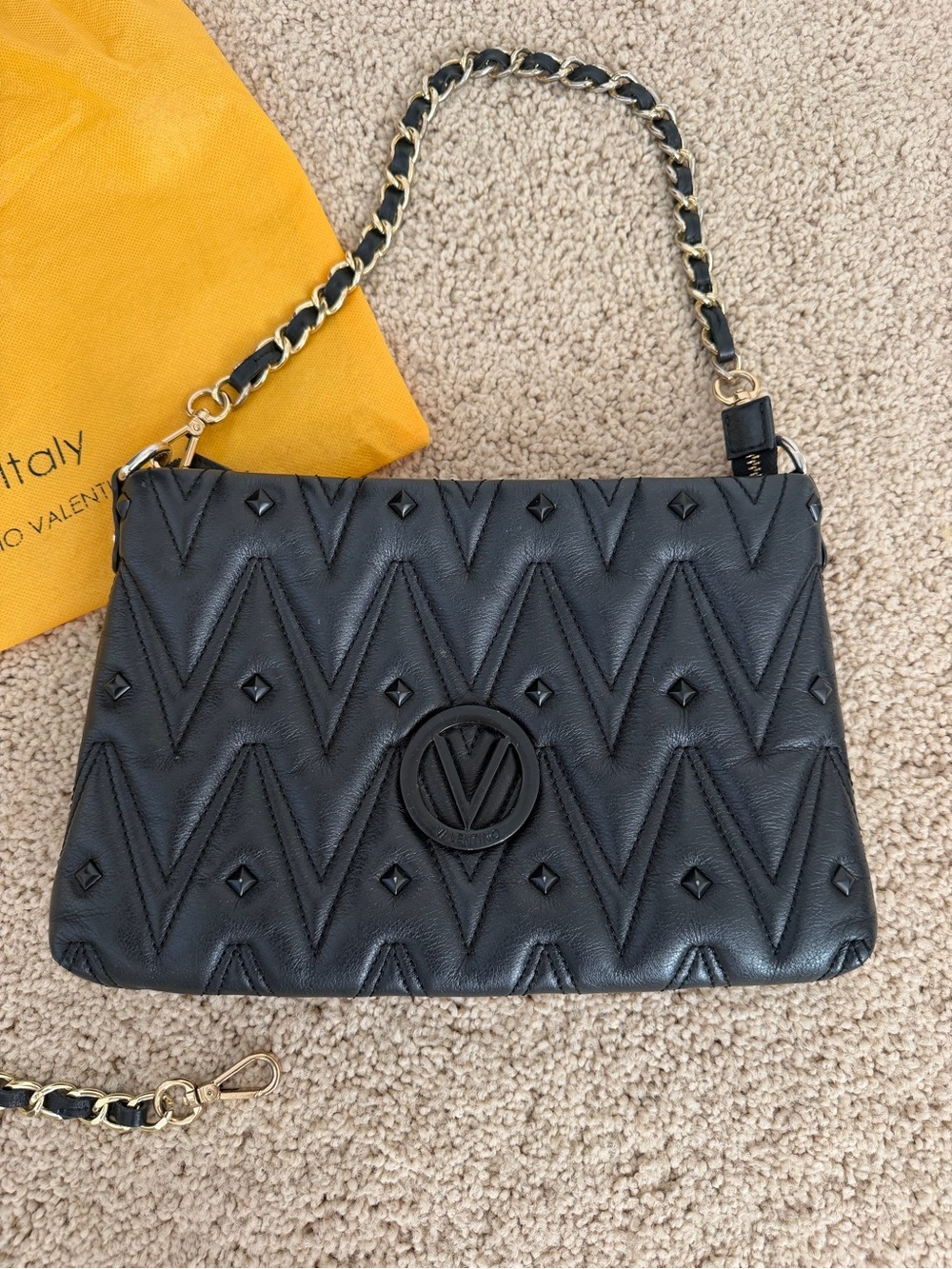Valentino Black Quilted Chevron Leather Shoulder Bag with Gold Chain